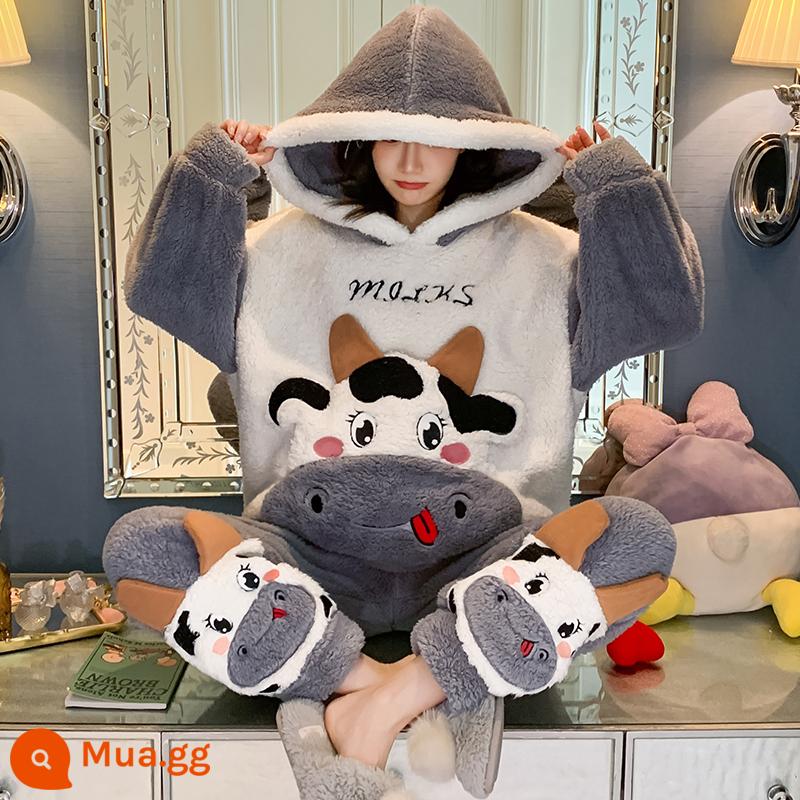 Phụ nữ san hô nhung pyjamas mùa thu và mùa đông dày lên và nhung thiếu niên mùa đông được rót mũ trùm đầu hoạt hình lớn - F8818