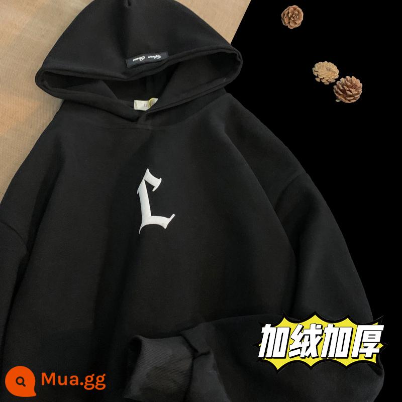 Nặng Hoodie Nam Thu Đông 2022 Mới Plus Nhung Dày Triều Thương Hiệu Cặp Đôi Mỹ Rung Cảm Áo Khoác Retro - vải nhung đen)