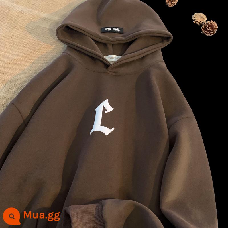 Nặng Hoodie Nam Thu Đông 2022 Mới Plus Nhung Dày Triều Thương Hiệu Cặp Đôi Mỹ Rung Cảm Áo Khoác Retro - Màu cà phê