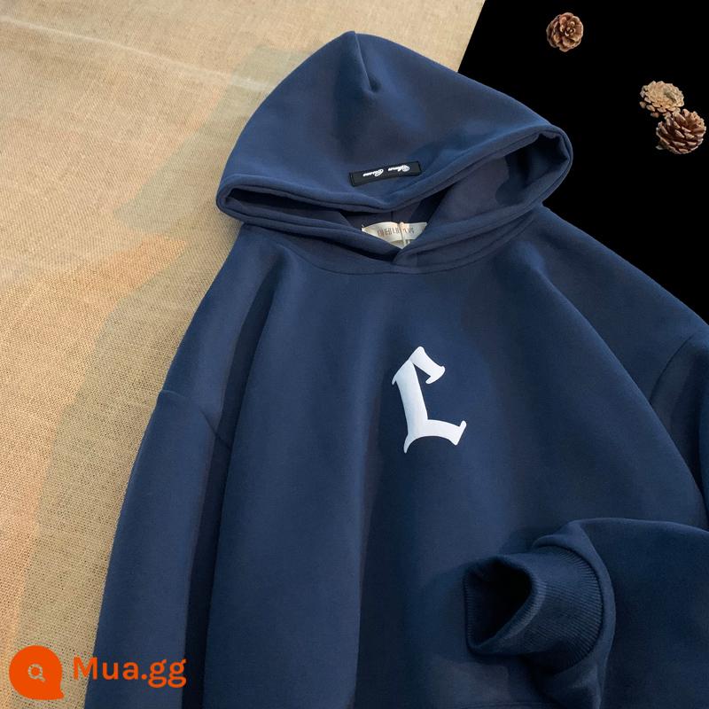 Nặng Hoodie Nam Thu Đông 2022 Mới Plus Nhung Dày Triều Thương Hiệu Cặp Đôi Mỹ Rung Cảm Áo Khoác Retro - xanh hải quân