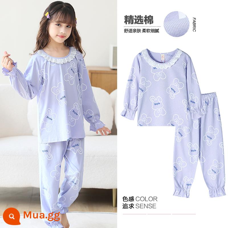 Bộ đồ ngủ bé gái mùa xuân và mùa thu cotton nguyên chất dài tay phù hợp với trẻ em phim hoạt hình dễ thương bé gái lớn quần áo ở nhà trẻ em mới 2023 - 43004 -- xanh tím