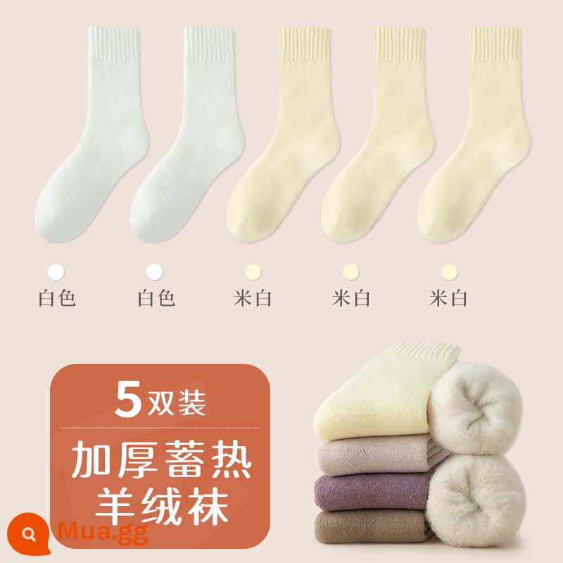 Tất len ​​cashmere dành cho nữ trong mùa thu đông Tất len ​​dài đến bắp chân dày dặn và ấm áp Tất cotton nguyên chất không xương giữ ấm mùa đông cộng với tất nhung - [5 đôi/vải cashmere mềm thân thiện với da] trắng 2+trắng nhạt 3