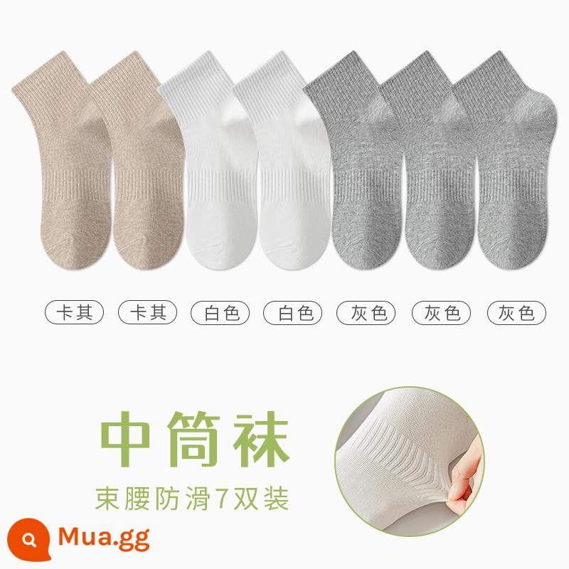 Tất Zhuji Vớ Nữ Giữa Ống Mỏng Mùa Hè Chất Liệu Cotton Nguyên Chất Khử Mùi Và Thấm Hút Mồ Hôi Xuân Thu Tất Trắng Không Xương Sau Sinh - "Bảy đôi" 2 đôi kaki + 2 đôi trắng + 3 đôi xám