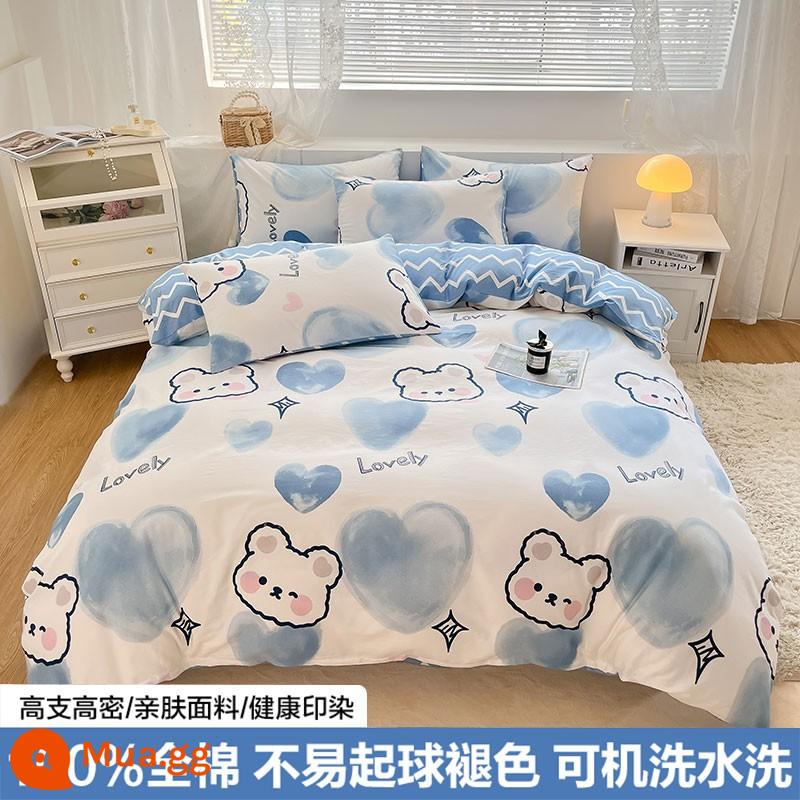 Hoạt hình dễ thương bông vỏ chăn cotton mảnh đơn ký túc xá sinh viên vỏ chăn đơn 150x200x230 tấm chăn 1.5 mét - Gấu Tim Xanh [Chất lượng dành cho bà mẹ và trẻ sơ sinh]