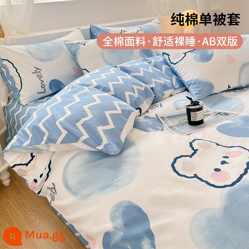 Nhỏ tươi vỏ chăn 100 cotton 150x200 mảnh đơn ký túc xá sinh viên vỏ chăn đơn 200x230 chăn - Blue Heart Bear [thân thiện với da và thoáng khí]