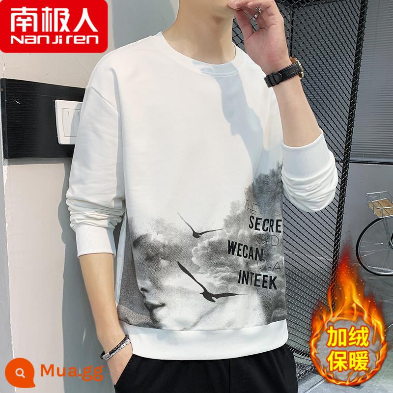 Nanjiren Áo Thun Dài Tay Nam Xuân Thu 2023 Mới Cotton Dày Dặn Áo Sơ Mi Nam Thu Đông Đáy Quần Áo - 2189 trắng [cộng với nhung]