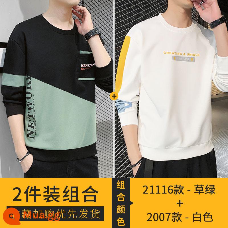 Nanjiren Áo Thun Dài Tay Nam Xuân Thu 2023 Mới Cotton Dày Dặn Áo Sơ Mi Nam Thu Đông Đáy Quần Áo - 21116 cỏ xanh + 2007 trắng