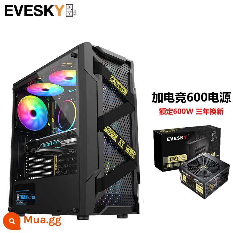 Tích lũy cho EVESKY Titan Pro máy tính để bàn toàn mặt trong suốt trò chơi làm mát bằng nước ATX bảng lớn ốp lưng chính - Bộ nguồn Titan Pro Black + Gaming 600W