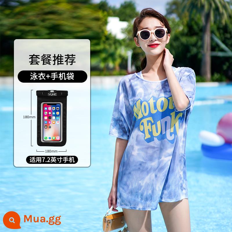 Đồ Bơi Nữ Bảo Thủ 2 Mảnh Nóng Ba Mảnh 2022 Phong Cách Mới Nóng Bỏng Size Lớn Mm Skinny Đồ Bơi - Bộ ba món màu xanh + túi đựng điện thoại di động chống nước