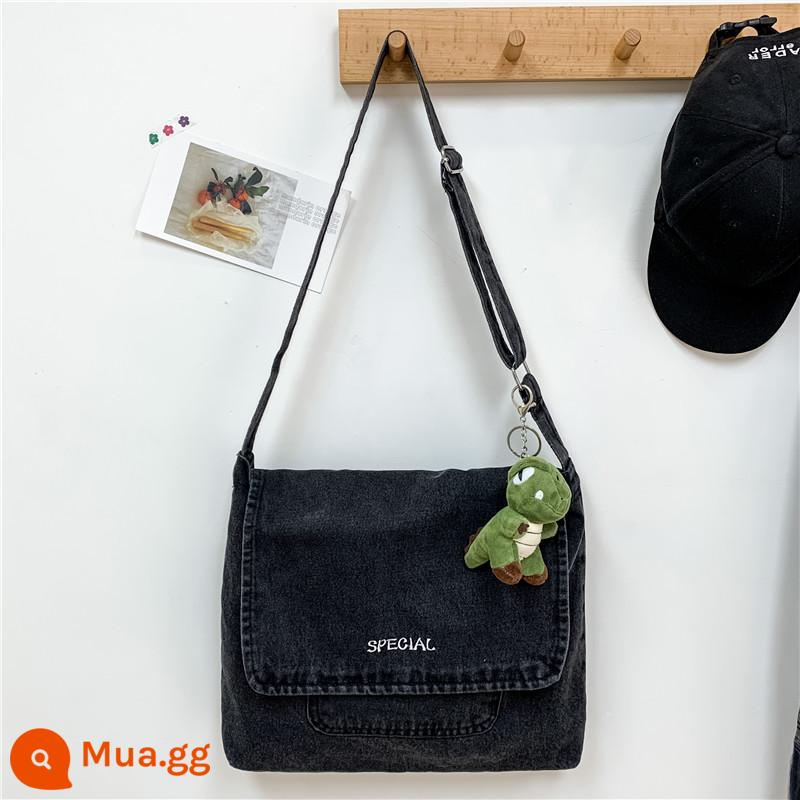 Túi xiên giản dị dành cho nam thương hiệu hợp thời trang vải denim Nhật Bản phong cách đường phố Hồng Kông xu hướng sinh viên túi đeo vai retro ins nữ - Đen [gửi mặt dây chuyền khủng long]