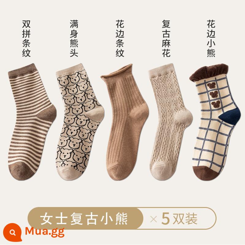 Bonless Zhuji vớ mùa xuân và vớ mùa đông - Sọc đôi + đầu gấu toàn thân + sọc ren + xoắn retro + gấu ren