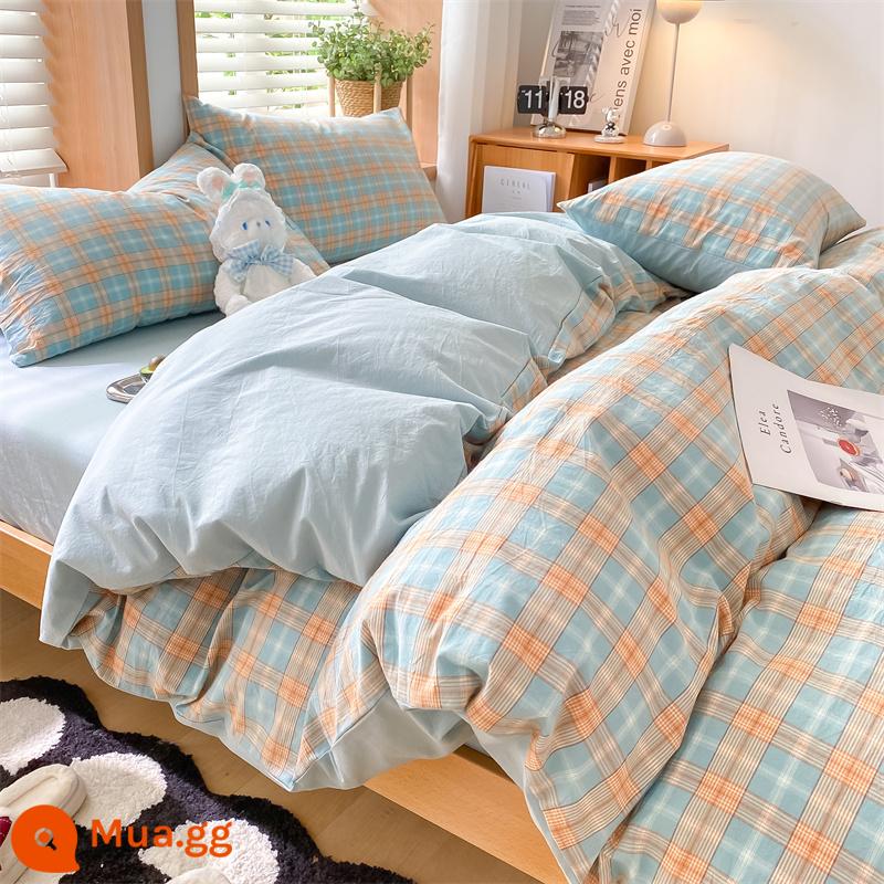 Chăn bông đã giặt vỏ chăn đơn mảnh 200x230 bông cotton nguyên chất 150x200 ký túc xá đơn chải ga trải giường chăn ga trải giường - màu xanh Martin