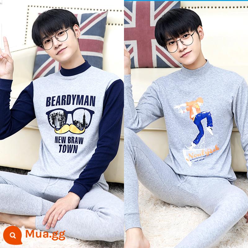 Thanh niên quần áo mùa thu quần vệ sinh phù hợp với cotton nguyên chất nam big boy trường trung học cơ sở học sinh trung học sưởi ấm quần áo cotton áo len cotton - C9) Kính màu xanh hải quân + nước chơi màu xám gai (hai bộ cổ trung tâm)