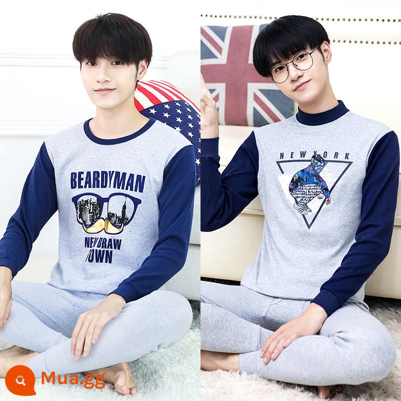 Thanh niên quần áo mùa thu quần vệ sinh phù hợp với cotton nguyên chất nam big boy trường trung học cơ sở học sinh trung học sưởi ấm quần áo cotton áo len cotton - B8) Kính xanh navy (cổ tròn) + tam giác xanh navy (cổ giữa)