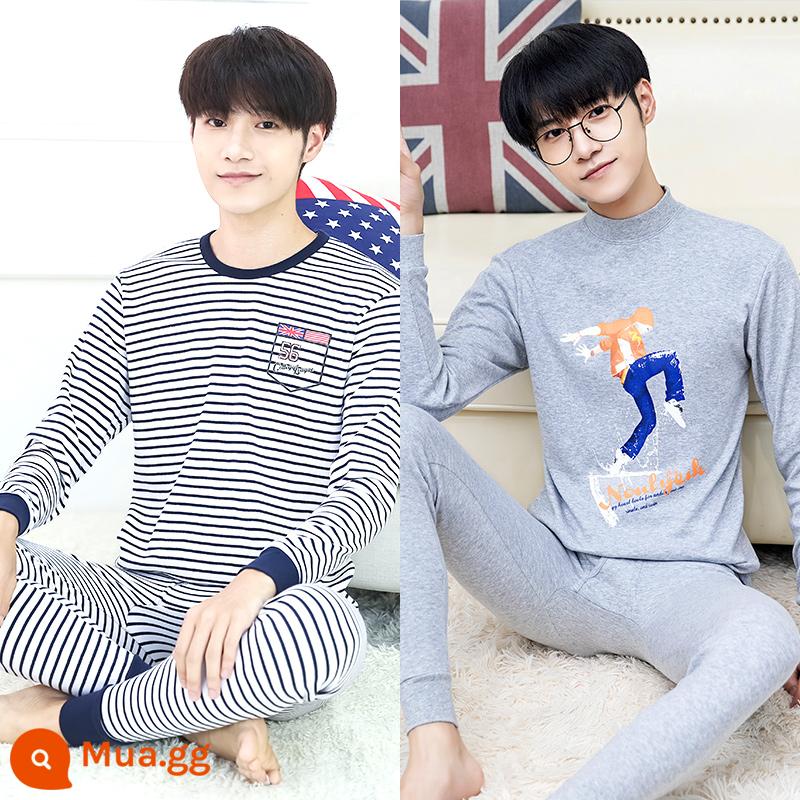 Thanh niên quần áo mùa thu quần vệ sinh phù hợp với cotton nguyên chất nam big boy trường trung học cơ sở học sinh trung học sưởi ấm quần áo cotton áo len cotton - B12) Sọc xanh hải quân (cổ tròn) + sọc nước màu xám gai (cổ giữa)