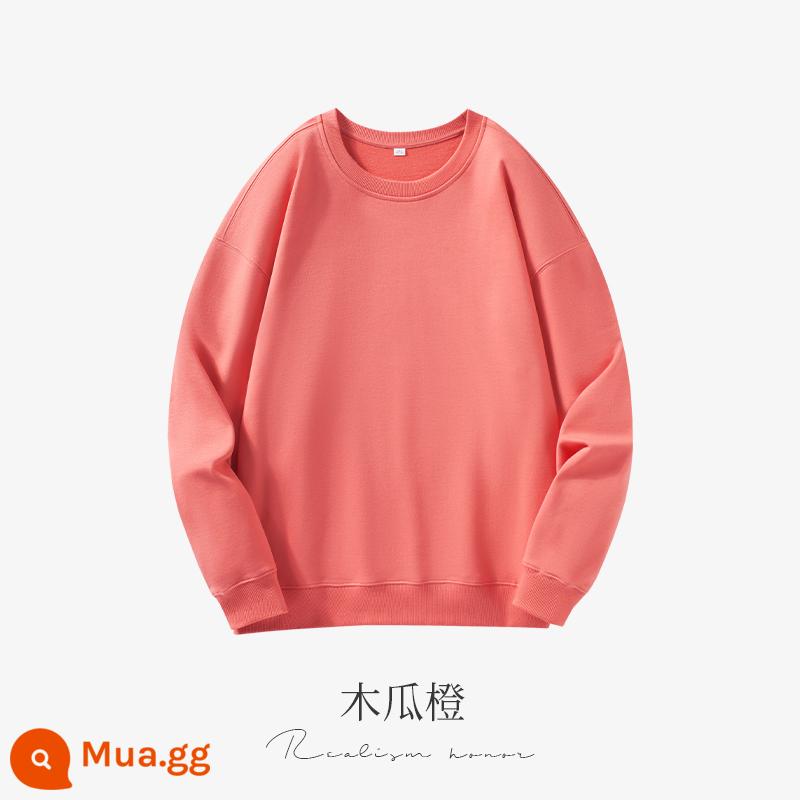 Cổ tròn cotton dày T tùy chỉnh in logo mùa thu đông dày công sở tùy chỉnh thêu bông nguyên chất thả vai tay dài đội quần áo - cam đu đủ