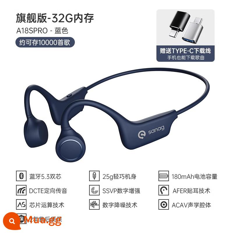 Sanag Sena True Bone Conduction Tai nghe Bluetooth không dây cảm ứng khí thể thao Running Ear-Hook - Phiên bản hàng đầu: Xanh lam [Bộ nhớ 32G + Chất lượng âm thanh không bị méo tiếng HiFi + Giảm tiếng ồn kỹ thuật số DESE]