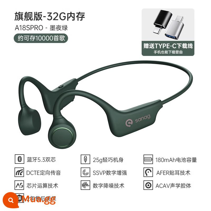 Sanag Sena True Bone Conduction Tai nghe Bluetooth không dây cảm ứng khí thể thao Running Ear-Hook - Phiên bản hàng đầu: Dark Night Green [Bộ nhớ 32G + Chất lượng âm thanh không bị méo tiếng HiFi + Giảm tiếng ồn kỹ thuật số DESE]