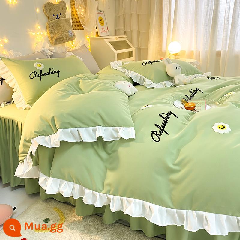 Bộ 4 món giường cotton đã giặt nhỏ màu xanh lá cây tươi mát nhẹ nhàng theo phong cách Hàn Quốc váy ngủ phong cách công chúa cổ tích bé gái tấm ga trải giường trái tim - Hướng dương tươi xanh