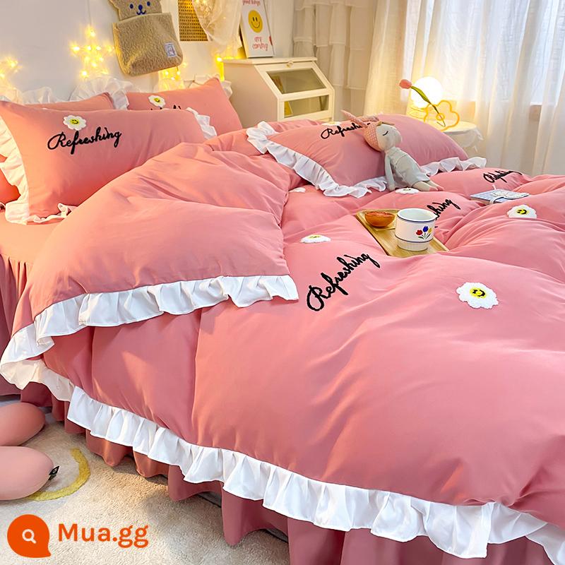 Bộ 4 món giường cotton đã giặt nhỏ màu xanh lá cây tươi mát nhẹ nhàng theo phong cách Hàn Quốc váy ngủ phong cách công chúa cổ tích bé gái tấm ga trải giường trái tim - Bột đậu đỏ hướng dương