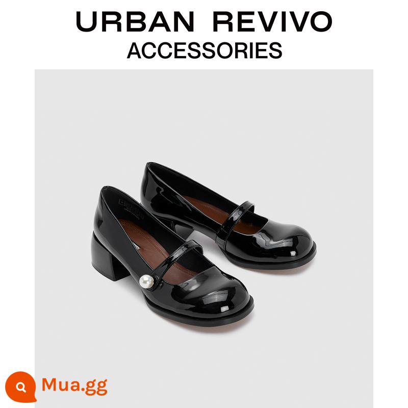 URBAN REVIVO2023 Mùa xuân Nữ mới Retro Mary Jane Pearl Giày túi mũi tròn UAWS32055 - Màu đen thật