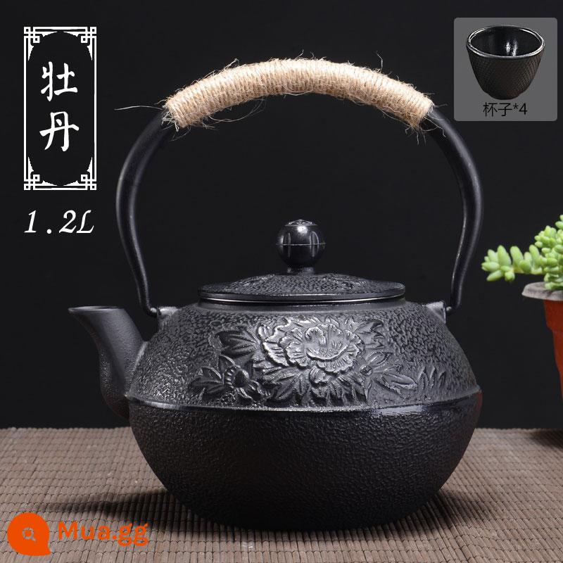 Phong cách gang kiểu Iron Pot sôi bong bóng nước thiết lập lò nung tinh thể đen - [Hàng có sẵn] Ấm đun nước gang Peony 1200ml + 4 cốc