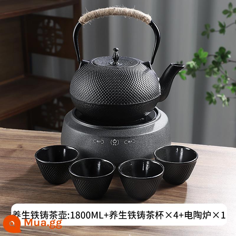 Phong cách gang kiểu Iron Pot sôi bong bóng nước thiết lập lò nung tinh thể đen - Ấm đun nước bằng gang-1800ml+4 cốc nhỏ+bếp pha lê đen