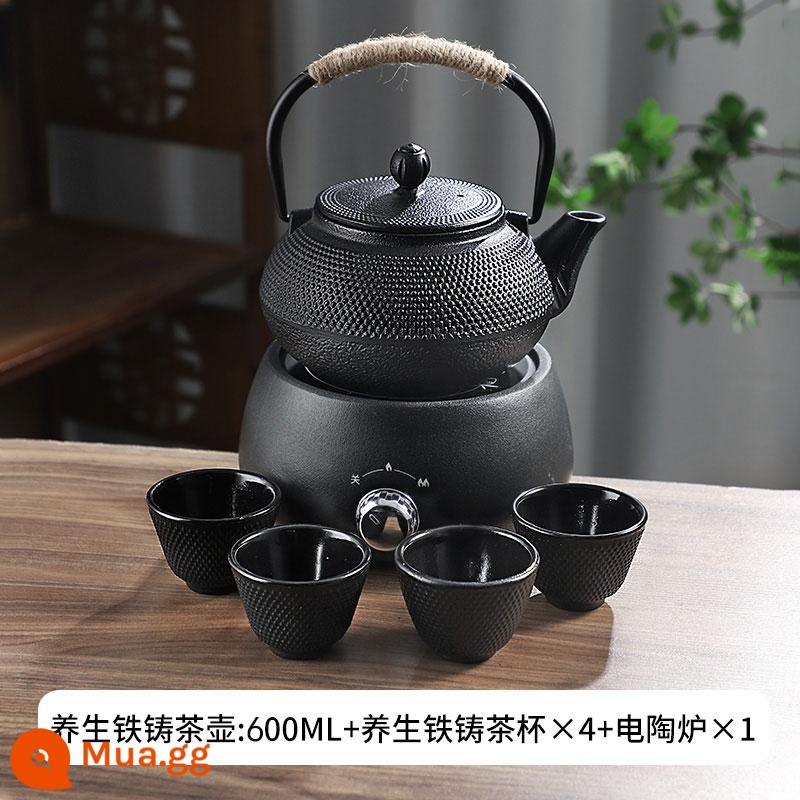 Phong cách gang kiểu Iron Pot sôi bong bóng nước thiết lập lò nung tinh thể đen - Ấm đun nước bằng gang-600ml+4 cốc nhỏ+bếp pha lê đen