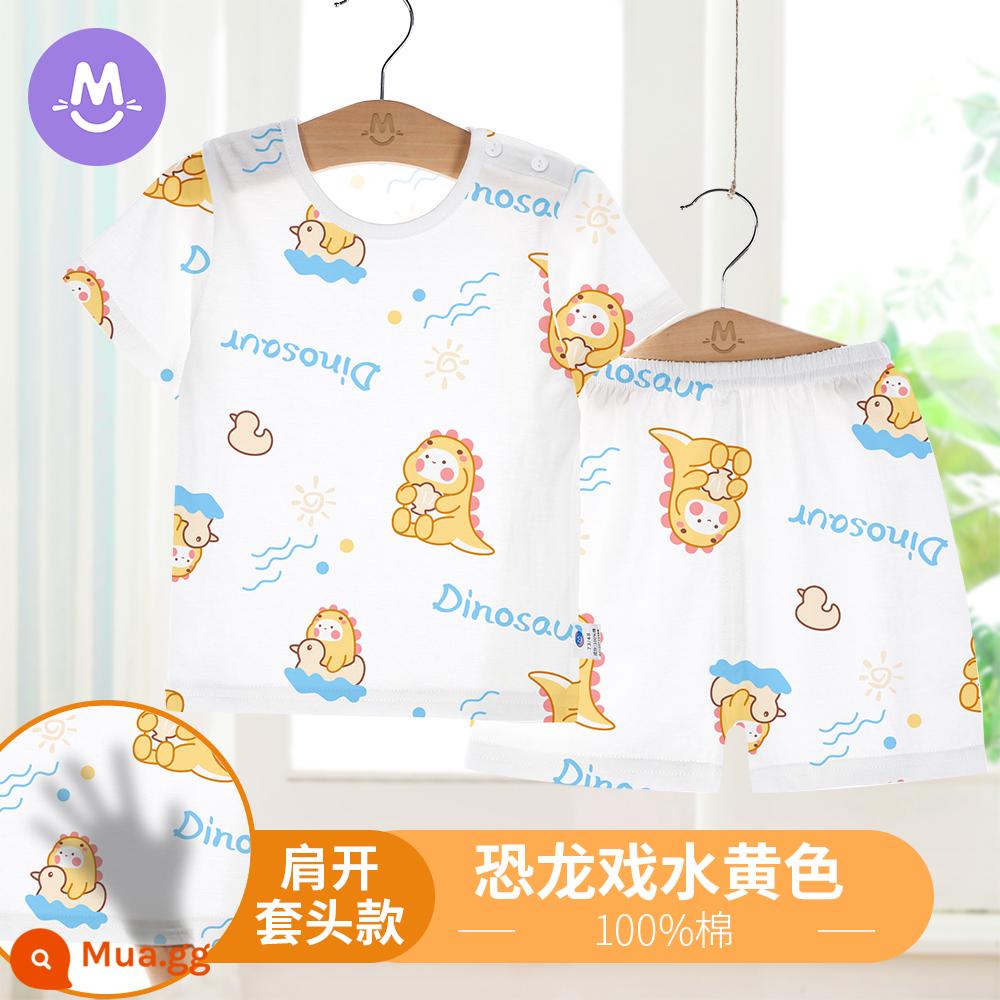 Bộ đồ ngủ ngắn tay mùa hè cho trẻ em Bộ quần áo điều hòa không khí cho bé gái cotton nguyên chất mỏng phần bé trai trẻ sơ sinh quần áo mùa hè dịch vụ tại nhà - Khủng long màu vàng