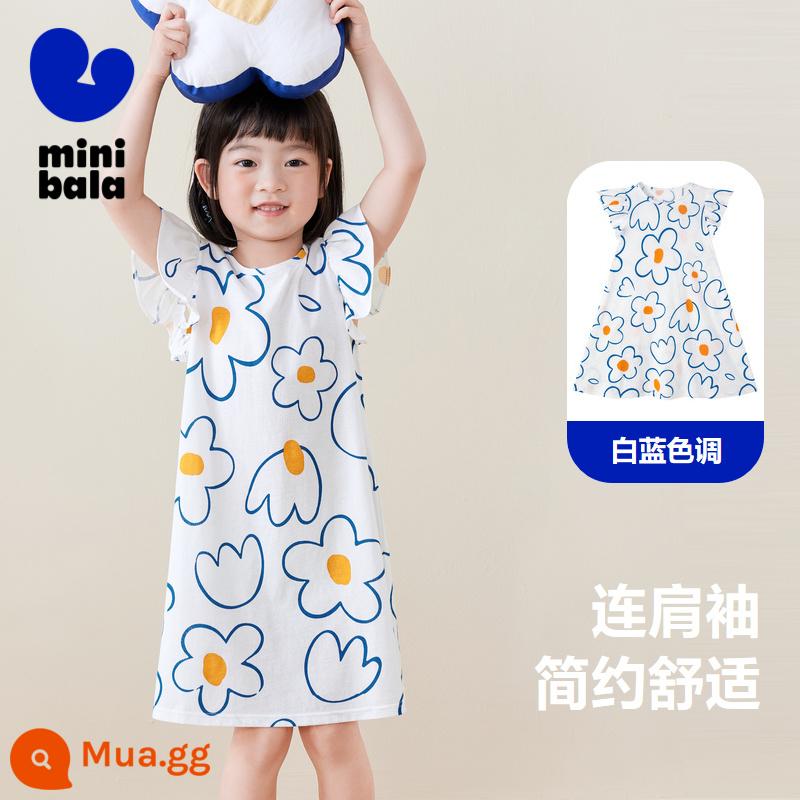 Mini Balabala Bé Gái Nhà Váy Cotton Thun Quả Bom Thoáng Khí Thấm Hút Mồ Hôi Rời Thoải Mái Váy Ngủ Trẻ Em Bộ Đồ Ngủ - Tông màu xanh trắng 00318