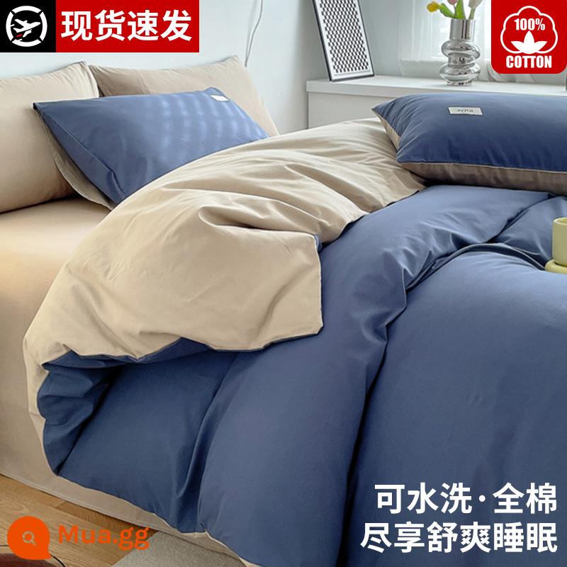 100% cotton nguyên chất Giường 100% cotton Bộ bốn món ga trải giường mùa thu đông Vỏ chăn ga trải giường ký túc xá Bộ ba món 2023 ga trải giường mới 4 - Denim xanh + kaki [nâng cấp 600T/100% cotton chải kỹ]