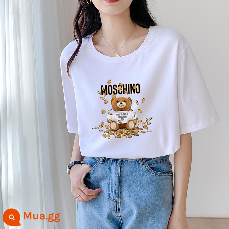 Mùa Hè Áo Thun Nữ Dáng Rộng Áo Thun Cotton Size Lớn Vai Cổ Tròn Nửa Tay 2023 Cao Cấp Mới - In trắng 418