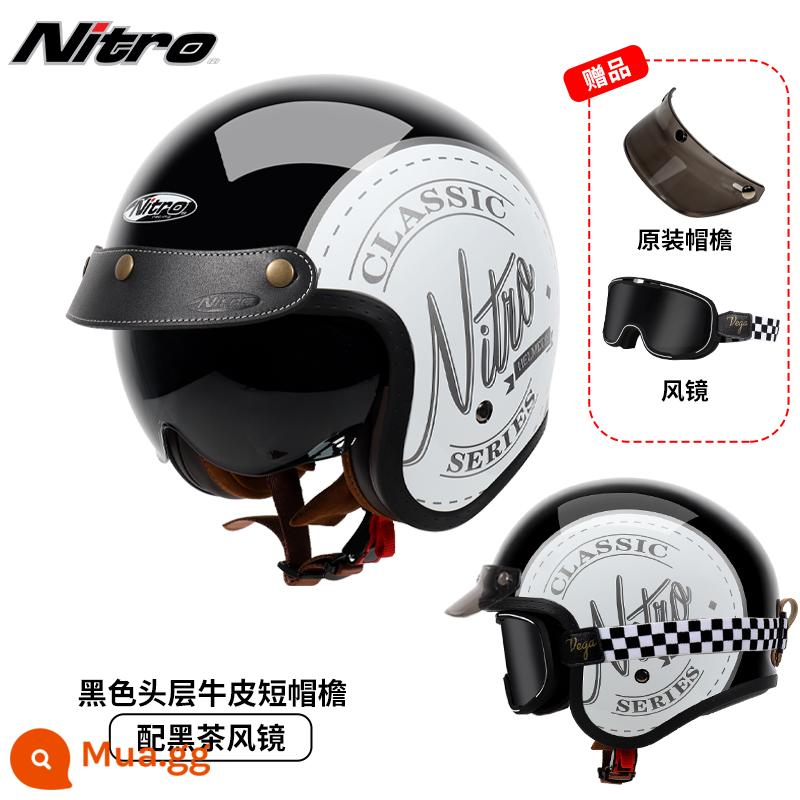 Anh Nitro Retro Harley Đầu Máy Mũ Nam Nữ Mùa Đông Chống Sương Mù Đầu Máy Mũ Bảo Hiểm Nửa Bluetooth Cá Tính Thoáng Mát chạy Bộ - Đen trắng cổ điển (đi kèm kính trà đen kẻ sọc + vành mũ da đen)