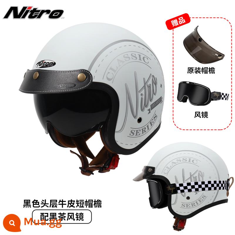 Anh Nitro Retro Harley Đầu Máy Mũ Nam Nữ Mùa Đông Chống Sương Mù Đầu Máy Mũ Bảo Hiểm Nửa Bluetooth Cá Tính Thoáng Mát chạy Bộ - Màu trắng cổ điển (đi kèm kính trà đen kẻ sọc + vành mũ da đen)