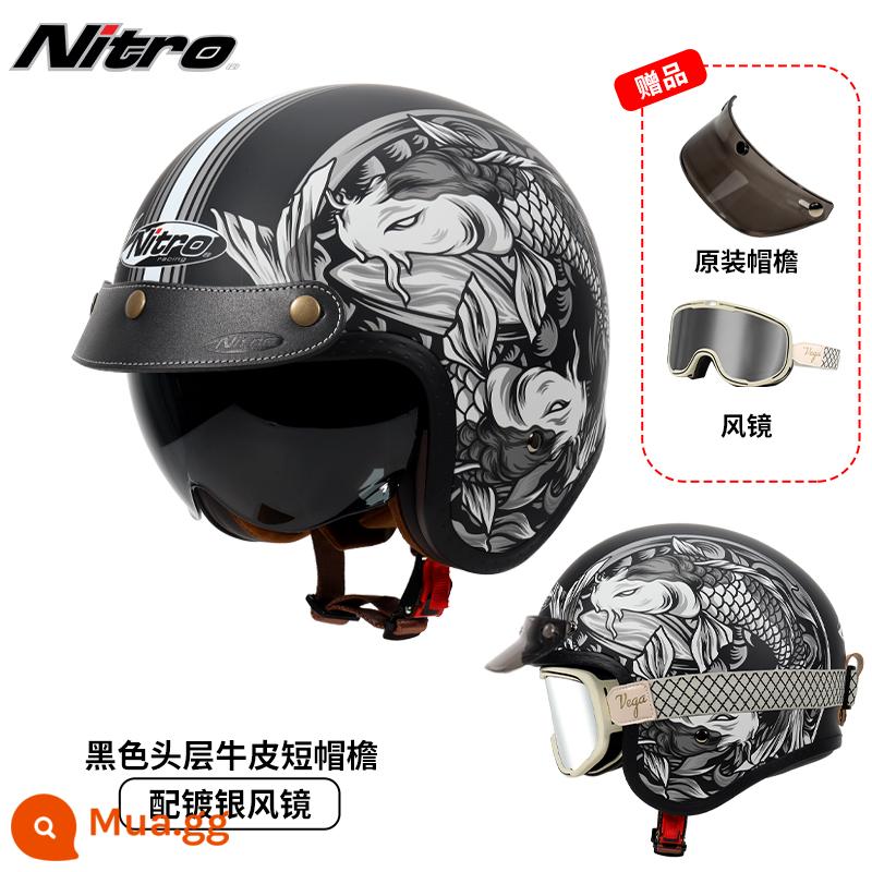 Anh Nitro Retro Harley Đầu Máy Mũ Nam Nữ Mùa Đông Chống Sương Mù Đầu Máy Mũ Bảo Hiểm Nửa Bluetooth Cá Tính Thoáng Mát chạy Bộ - Xám Song Ngư (kèm kính trắng thắt lưng mạ bạc + vành mũ da đen)