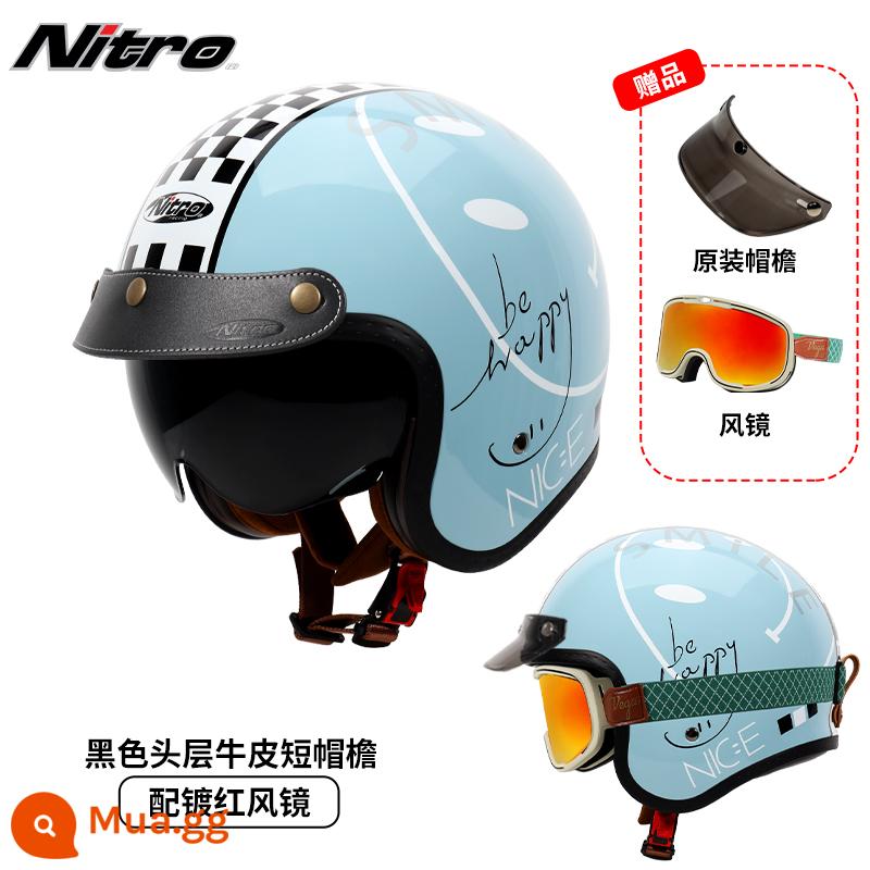 Anh Nitro Retro Harley Đầu Máy Mũ Nam Nữ Mùa Đông Chống Sương Mù Đầu Máy Mũ Bảo Hiểm Nửa Bluetooth Cá Tính Thoáng Mát chạy Bộ - Mặt cười xanh (kèm kính xanh mạ đỏ + vành mũ da đen)