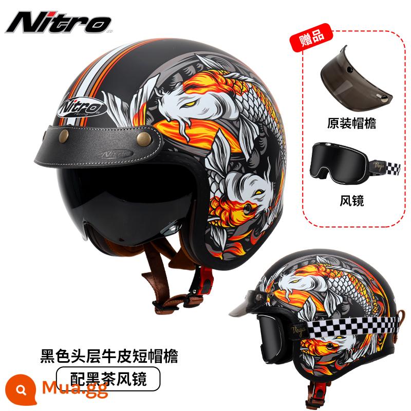 Anh Nitro Retro Harley Đầu Máy Mũ Nam Nữ Mùa Đông Chống Sương Mù Đầu Máy Mũ Bảo Hiểm Nửa Bluetooth Cá Tính Thoáng Mát chạy Bộ - Đỏ Song Ngư (kèm kính trà đen kẻ sọc + vành mũ da đen)