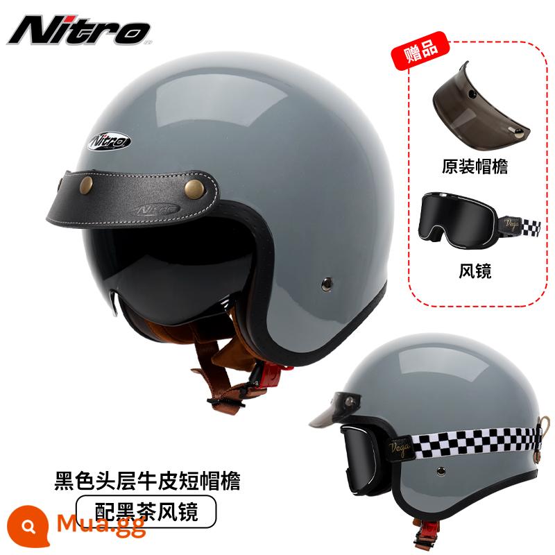 Anh Nitro Retro Harley Đầu Máy Mũ Nam Nữ Mùa Đông Chống Sương Mù Đầu Máy Mũ Bảo Hiểm Nửa Bluetooth Cá Tính Thoáng Mát chạy Bộ - Xám xi măng (đi kèm kính trà đen kẻ sọc + vành mũ da đen)