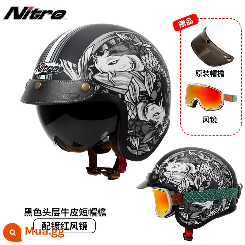 Anh Nitro Retro Harley Đầu Máy Mũ Nam Nữ Mùa Đông Chống Sương Mù Đầu Máy Mũ Bảo Hiểm Nửa Bluetooth Cá Tính Thoáng Mát chạy Bộ - Xám Song Ngư (kính bảo hộ viền xanh viền đỏ + vành mũ da đen)