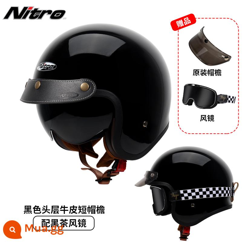 Anh Nitro Retro Harley Đầu Máy Mũ Nam Nữ Mùa Đông Chống Sương Mù Đầu Máy Mũ Bảo Hiểm Nửa Bluetooth Cá Tính Thoáng Mát chạy Bộ - Đen sáng (kèm kính trà đen kẻ sọc + vành mũ da đen)