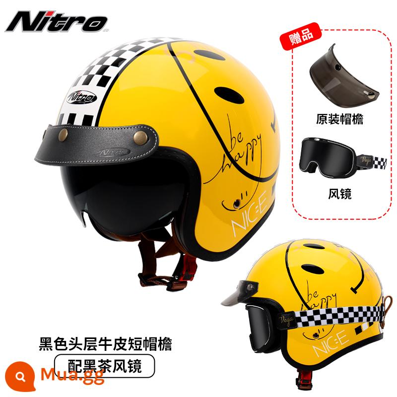 Anh Nitro Retro Harley Đầu Máy Mũ Nam Nữ Mùa Đông Chống Sương Mù Đầu Máy Mũ Bảo Hiểm Nửa Bluetooth Cá Tính Thoáng Mát chạy Bộ - Huang Smiley Face (đi kèm kính trà đen kẻ sọc + vành mũ da đen)