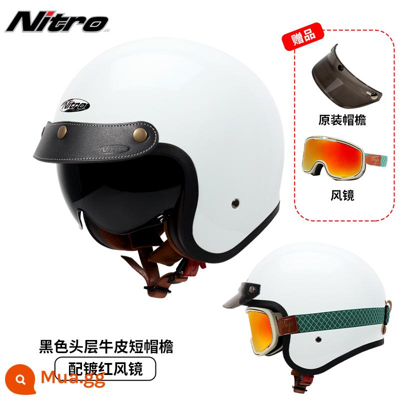 Anh Nitro Retro Harley Đầu Máy Mũ Nam Nữ Mùa Đông Chống Sương Mù Đầu Máy Mũ Bảo Hiểm Nửa Bluetooth Cá Tính Thoáng Mát chạy Bộ - Trắng ngọc trai (kèm kính xanh viền đỏ + vành mũ da đen)