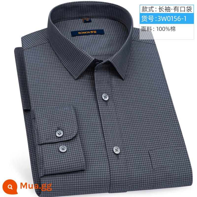 Romon Mùa Xuân Áo Sơ Mi Nam Dài Tay Công Sở Màu Xanh Kẻ Sọc Áo Sơ Mi Nam Trung Niên Cotton Chải Bố Mặc - 3W0156-1