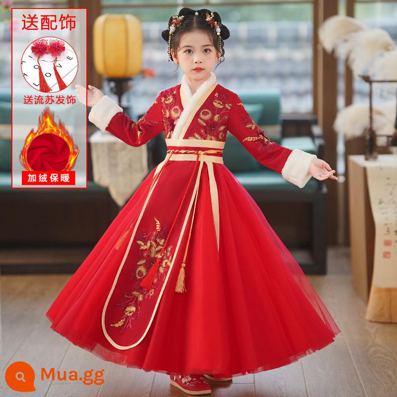 Hanfu Bé Gái Mùa Đông Phong Cách Trung Hoa Cổ Trang Phục Mùa Đông Quần Áo Năm Mới Đường Phù Hợp Với 2023 Nữ Mới Trẻ Em Cổ Phong Cách Váy - 8932 Đỏ + Kẹp tóc tua rua + Nhãn dán lông mày