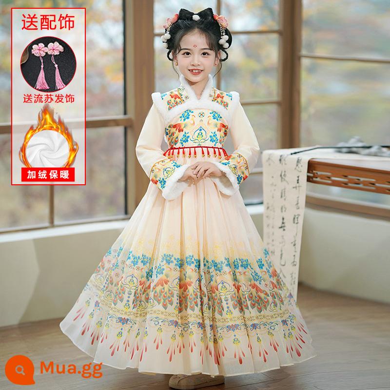 Hanfu Bé Gái Mùa Đông Phong Cách Trung Hoa Cổ Trang Phục Mùa Đông Quần Áo Năm Mới Đường Phù Hợp Với 2023 Nữ Mới Trẻ Em Cổ Phong Cách Váy - 9168 Champagne + Kẹp tóc tua rua + Miếng dán lông mày