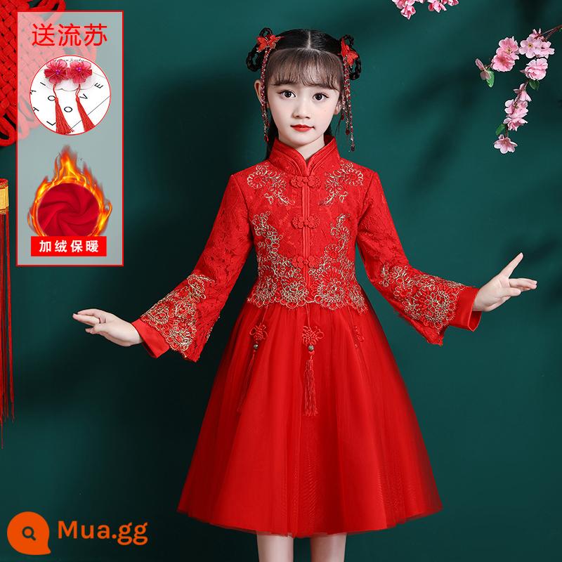 Hanfu Quần áo mùa đông cho bé gái Phong cách Trung Hoa Tang Suit Quần áo chúc mừng năm mới Sườn xám trẻ em bé gái Trang phục cổ trang phục mùa thu và mùa đông - 1690 đỏ nhung toàn thân [kẹp tóc chảy tự do]