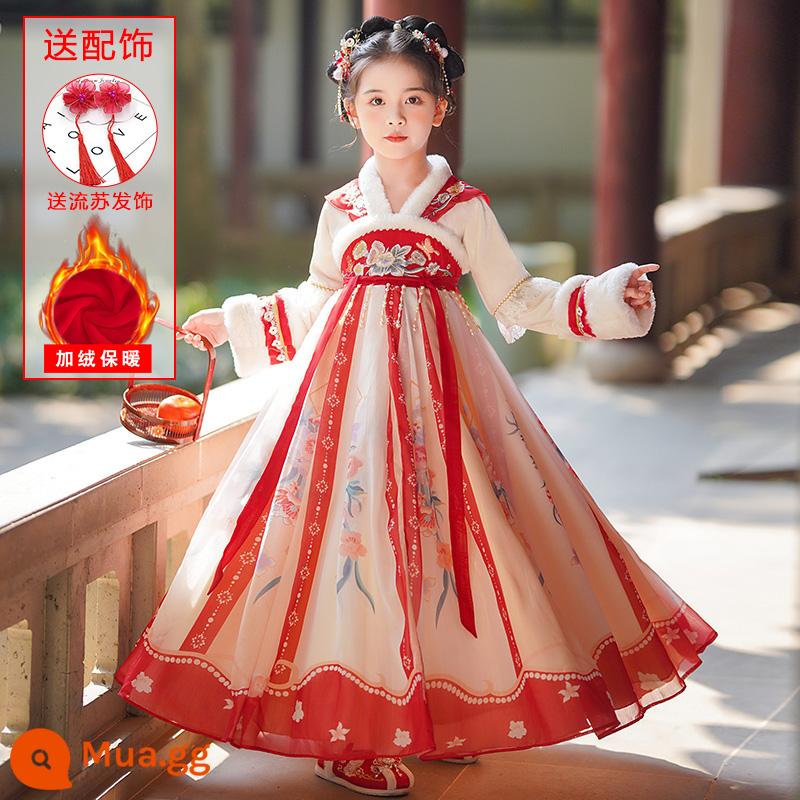 Hanfu Bé Gái Mùa Đông Phong Cách Trung Hoa Cổ Trang Phục Mùa Đông Quần Áo Năm Mới Đường Phù Hợp Với 2023 Nữ Mới Trẻ Em Cổ Phong Cách Váy - 9091 đỏ + kẹp tóc tua rua + miếng dán lông mày [Hàng có sẵn, giao hàng nhanh]