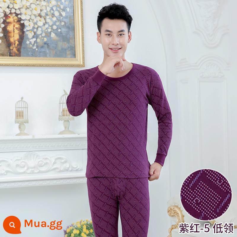 Trung niên và người cao tuổi quần áo mùa thu vệ sinh quần cotton nguyên chất của phụ nữ phù hợp với mẹ kích thước lớn sưởi ấm quần áo nam cao tuổi áo len cotton - Kiểu Nam-Tím Đỏ-5 Cổ Tròn