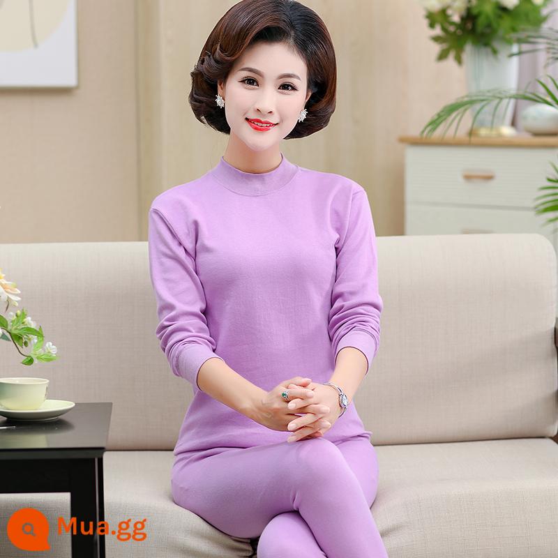 Trung niên và người cao tuổi quần áo mùa thu vệ sinh quần cotton nguyên chất của phụ nữ phù hợp với mẹ kích thước lớn sưởi ấm quần áo nam cao tuổi áo len cotton - Cổ áo màu tím nhạt ở giữa