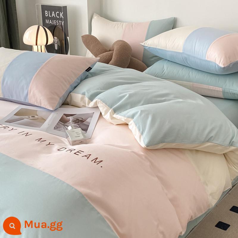 Bộ 4 món chăn ga gối cotton nguyên chất 100 màu trơn cao cấp toàn bộ cotton màu trơn Bộ chăn ga gối đôi chiến đấu tấm ga trải giường được trang bị tấm 4 - Khối màu trắng hồng xanh